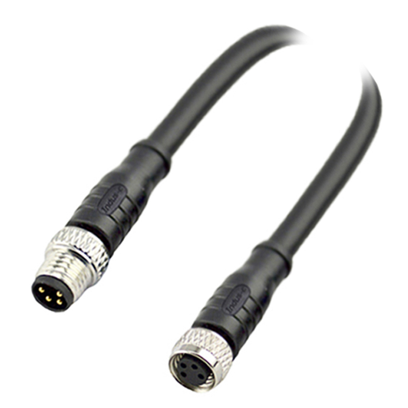 M8 4pins A code male to female straight molded cable,unshielded,PVC,-40°C~+105°C,24AWG 0.25mm²,brass with nickel plated screw